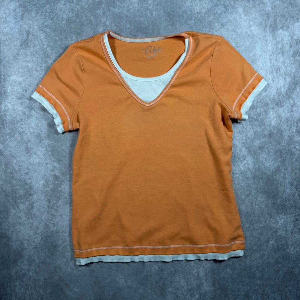 It's Life Layered V-Neck T-Shirt Womens Small Orange White Y2K Style